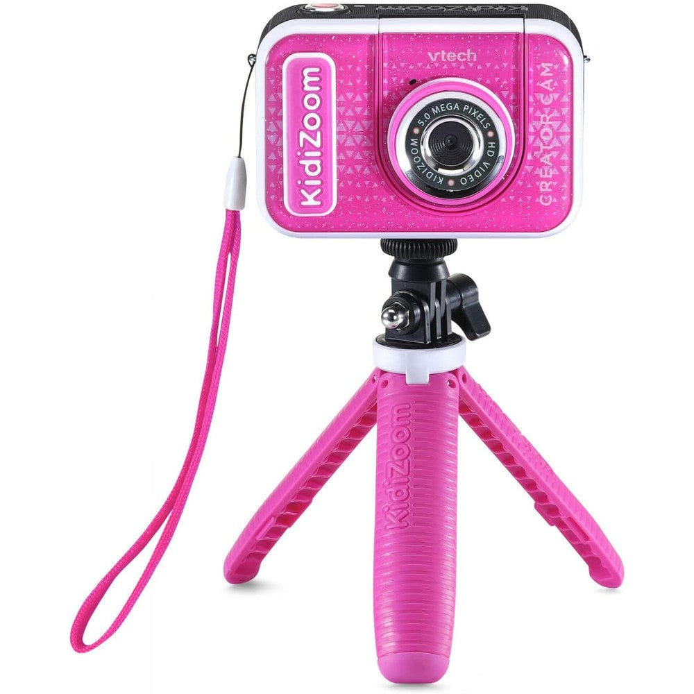 VTech KidiZoom Creator Cam Glitter Pink front view showing the digital camera lens and matching pink tabletop tripod stand setup for kids content creation