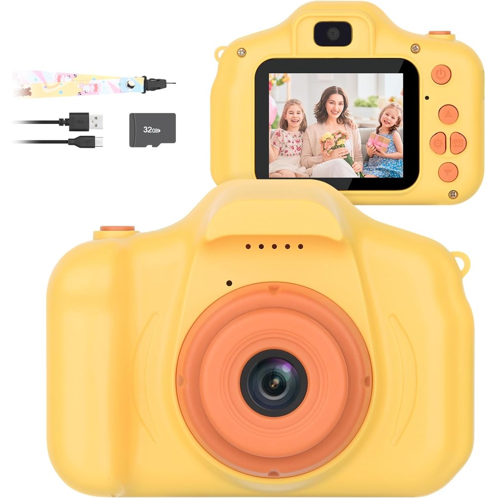 Mafiti Kids Camera front view showing the vibrant orange and yellow drop-resistant outer shell.