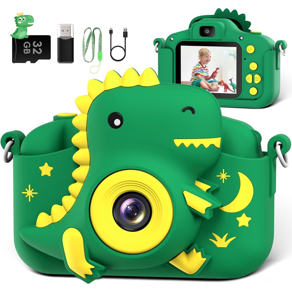 GREENKINDER kids camera front view showing green dinosaur protective silicone case design