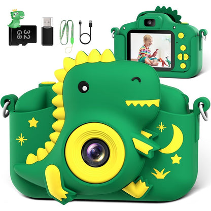 GREENKINDER kids camera front view showing green dinosaur protective silicone case design