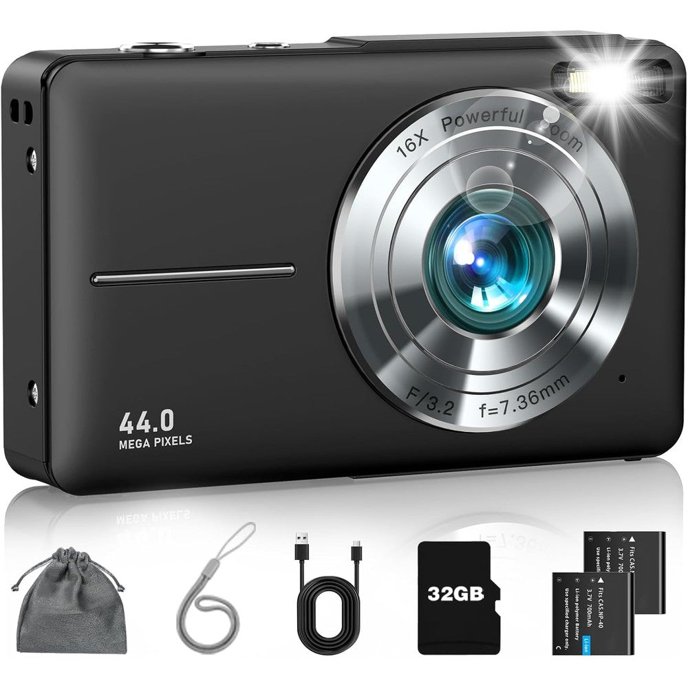 Lecran digital camera front view in deep black showcasing the compact lens design