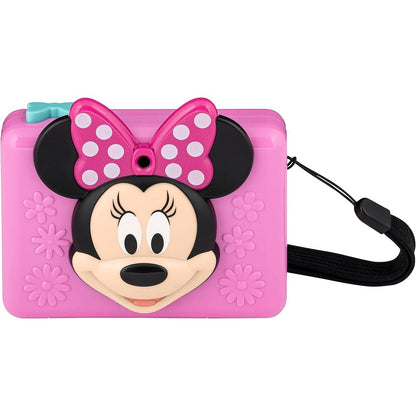 eKids Minnie Mouse Kids Digital Camera front view showing the bright pink design and embossed flower details.