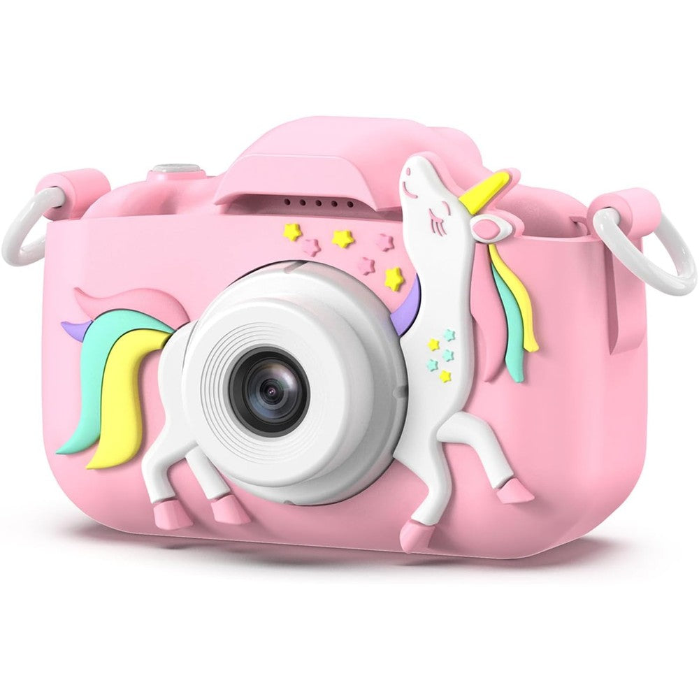 Goopow kids camera showing front view of pink unicorn protective cover