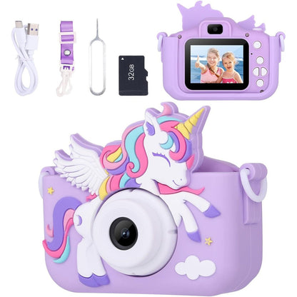 Envyvip kids digital camera in purple unicorn silicone cover front view showing dual lens system