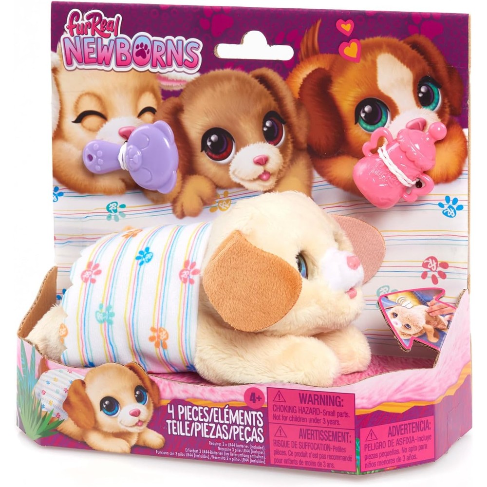 Just Play FurReal Newborns Puppy Interactive Pet front view showing cream and tan plush fur with blue eyes.