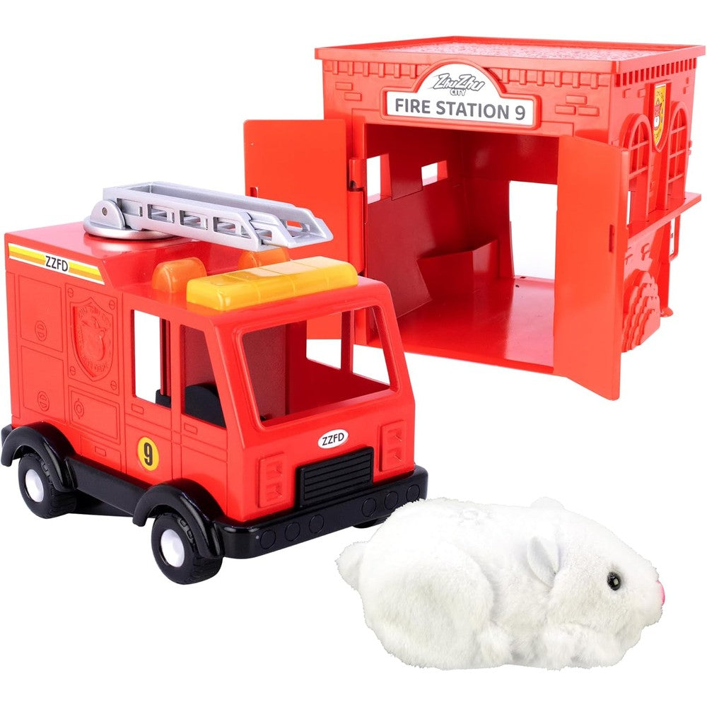 ZhuZhu City Fire Station And Fire Truck Toy Playset front view showcasing the red rescue vehicle and hamster.