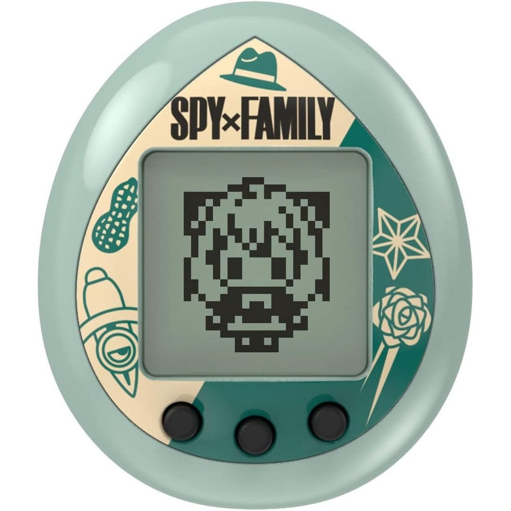 Tamagotchi Nano x SPY x Family Spy Green front view displaying pixel art of Anya Forger