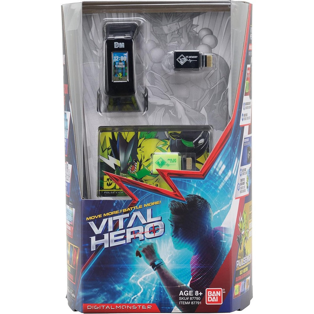 Bandai Namco Digimon Vital Hero interactive fitness tracker black front view showing color screen