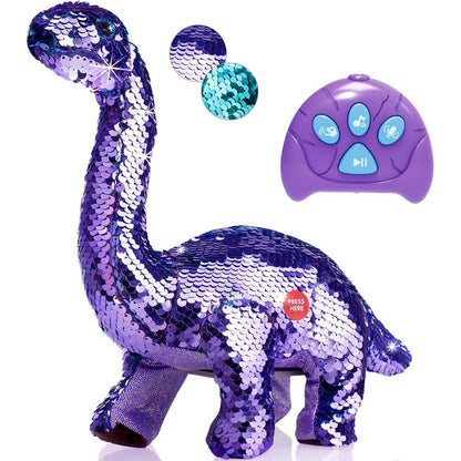Koonie remote control sequin dinosaur toy front view showing purple and blue color shifting sequins