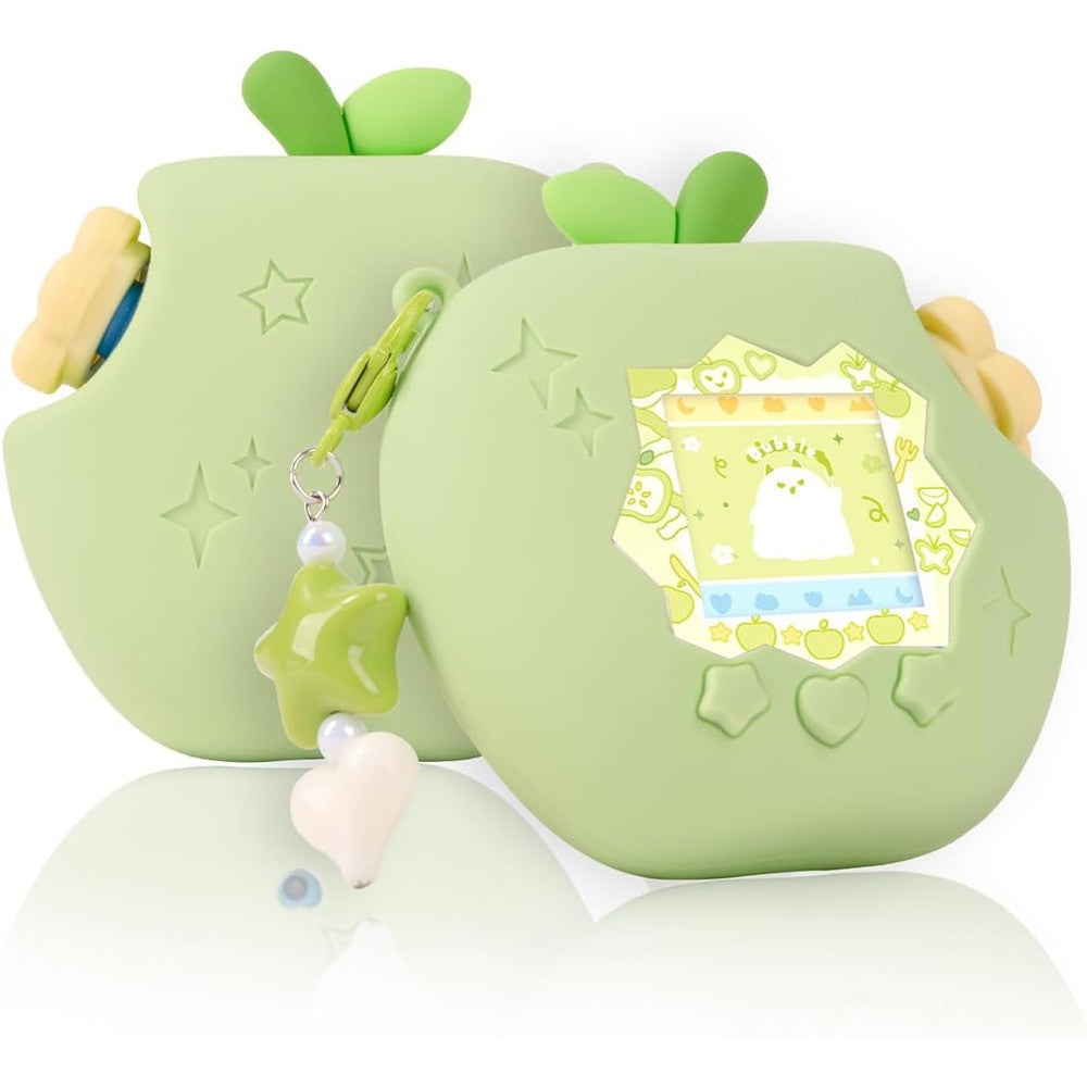 BUBBLELOGUS apple case for tamagotchi paradise front view showing green silicone protective cover and custom faceplate