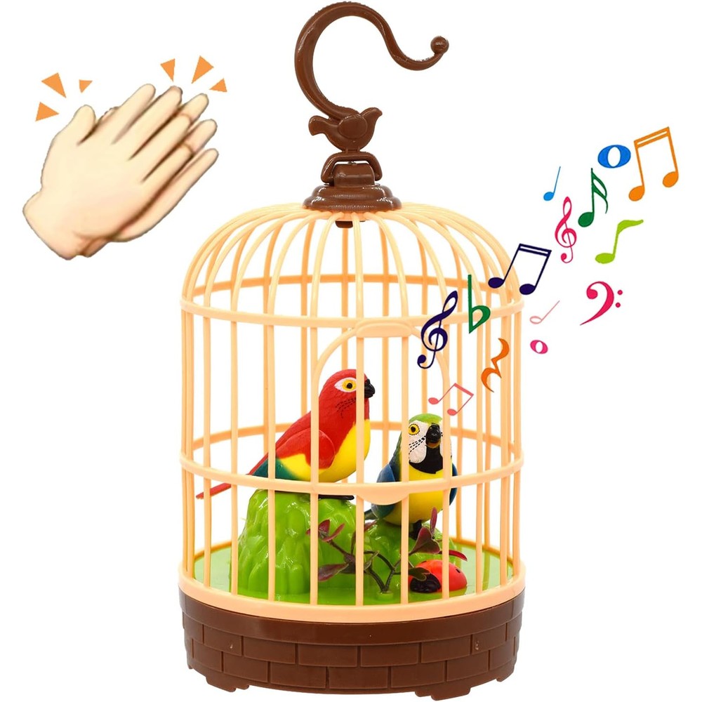 HWD voice activated induction birds birdcage toy front view showcasing the realistic twin parrot design inside the hanging cage.
