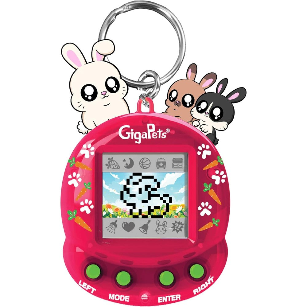 Giga Pets Bit Bunnies interactive digital pet toy front view showing the red keychain casing and pixelated screen graphics.