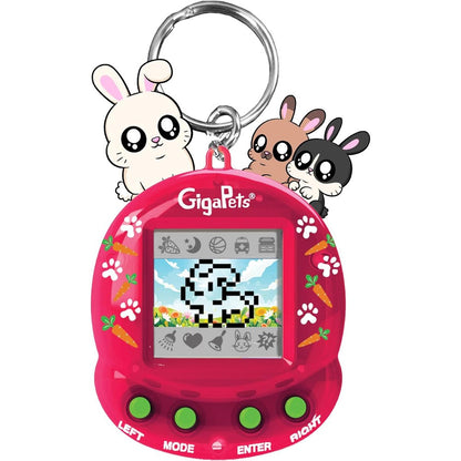 Giga Pets Bit Bunnies interactive digital pet toy front view showing the red keychain casing and pixelated screen graphics.