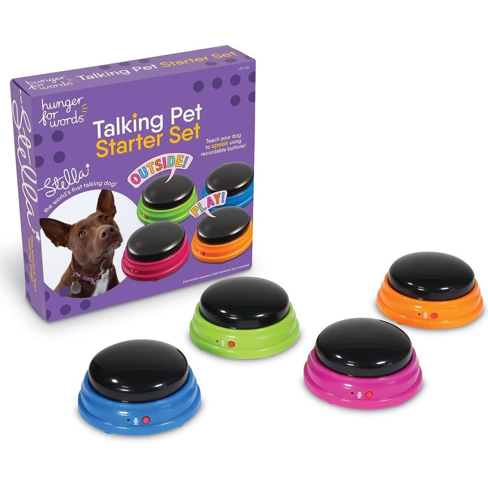 Hunger for Words Talking Pet Starter Set front view of product packaging showcasing four colorful recordable buttons