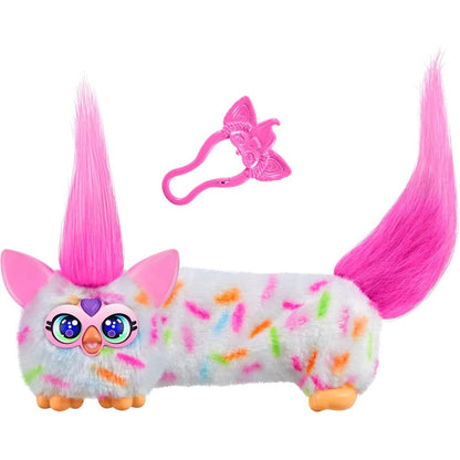 Furby DJ Furblets Berry-Cup-Cake mini electronic plush toy front view showcasing white and pink confetti design