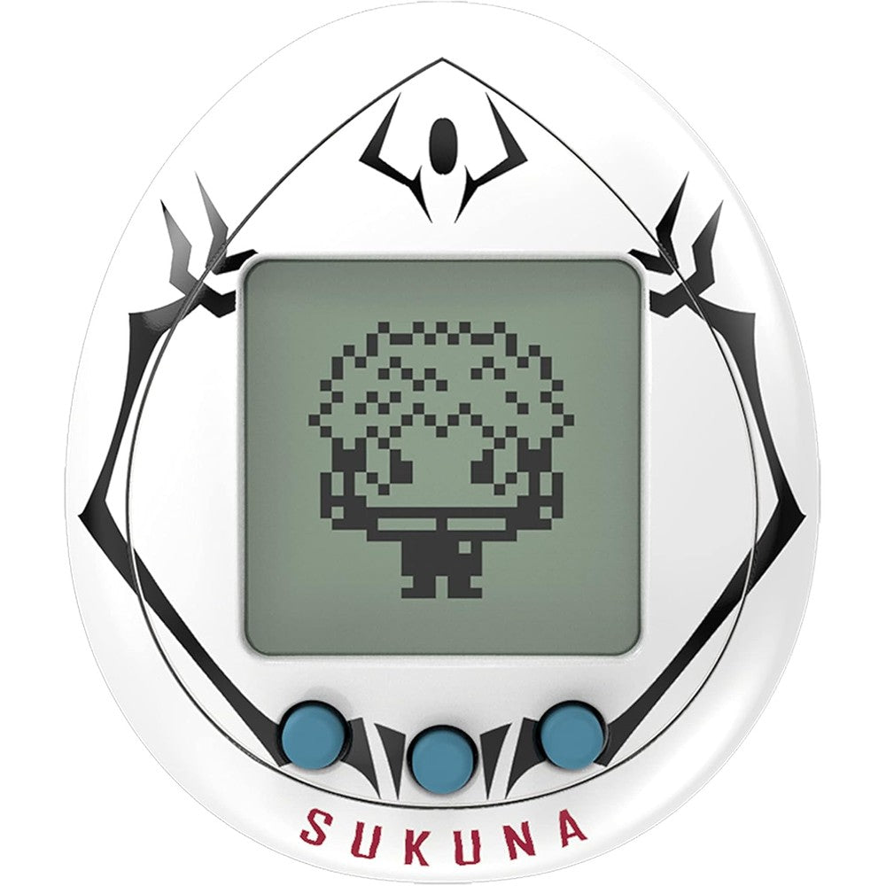 Tamagotchi Nano x Jujutsu Kaisen Sukuna version front view showing white case with black tribal markings