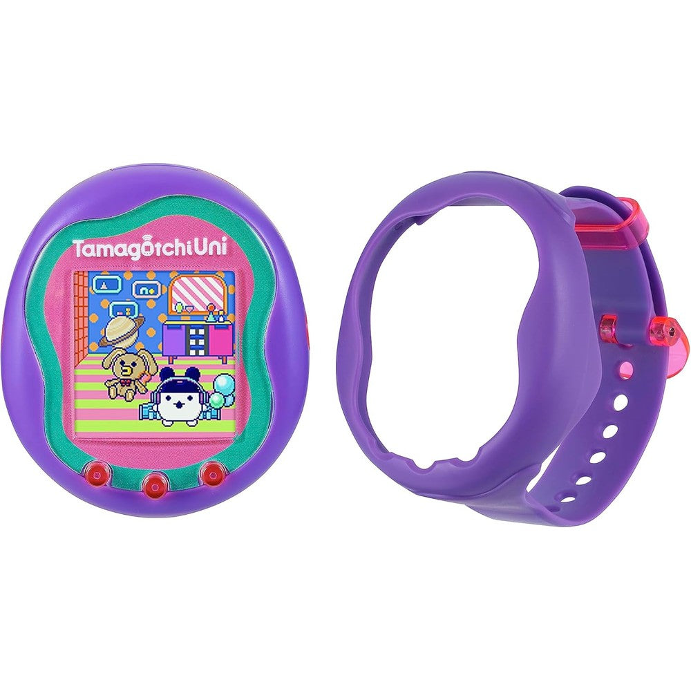 Bandai Tamagotchi Uni Purple front view showing the color LCD screen and physical buttons