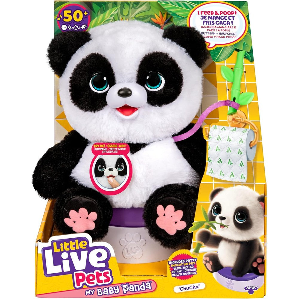 Little Live Pets My Baby Talking Panda ChuChu interactive plush toy front view with potty accessory