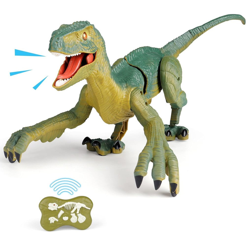 VERTOY remote control dinosaur toy front view showing realistic green velociraptor design