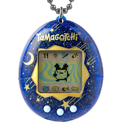 Bandai Tamagotchi Original Starry Shower electronic pet front view showing translucent blue shell and gold stars.