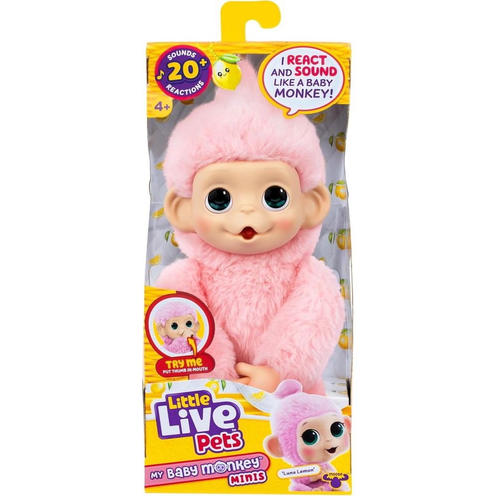 Little Live Pets Baby Monkey Minis Luna Lemon interactive plush toy front view showcasing soft pink fur.