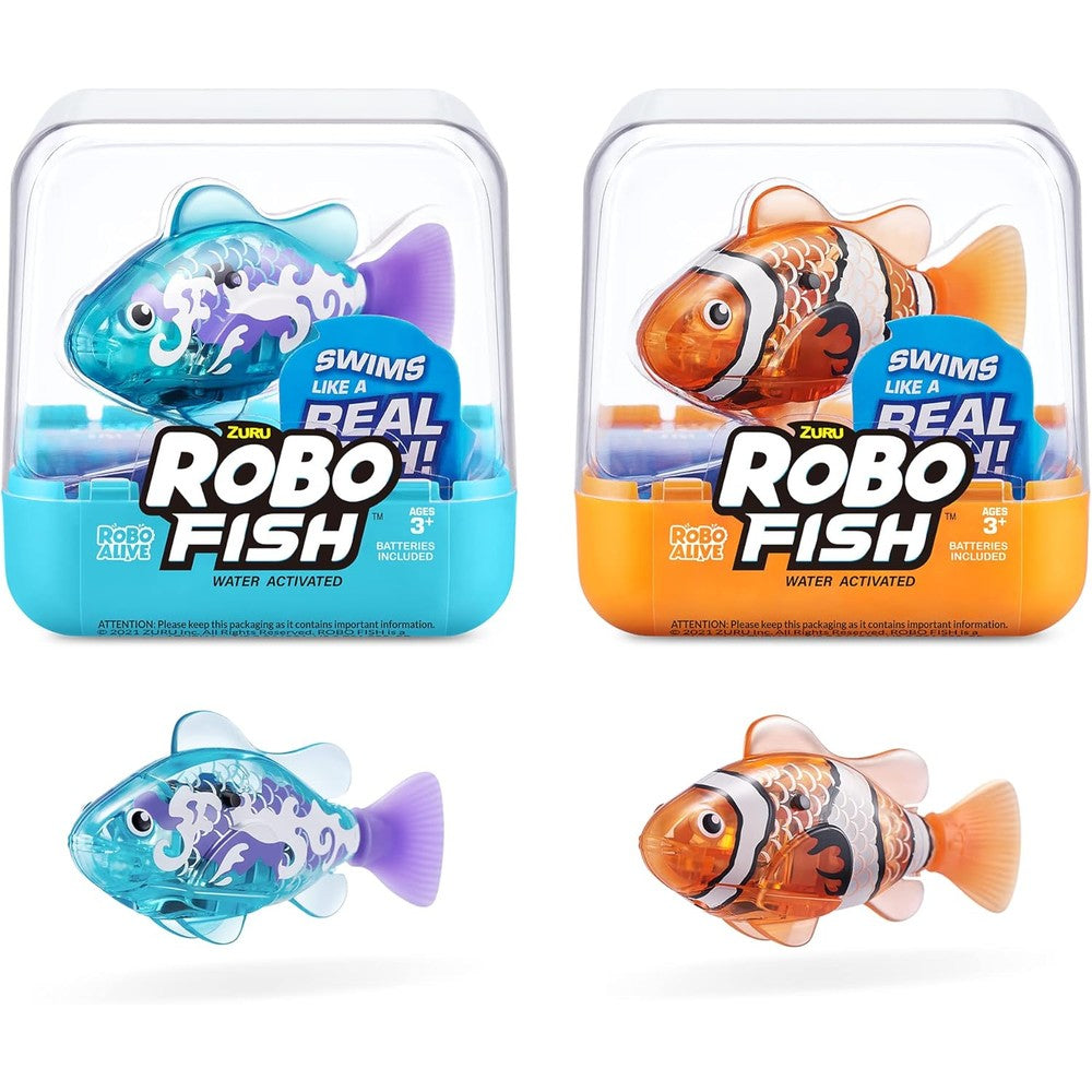 Robo Alive Robo Fish robotic swimming fish front view showing teal and orange models