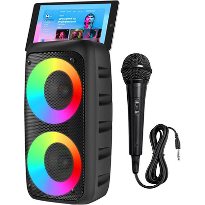 Xjahwr portable bluetooth karaoke machine front view showing colorful LED lights around the speakers