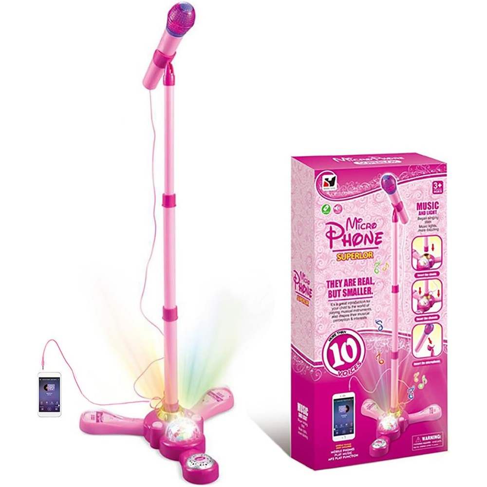 Little Pretender kids karaoke machine front view showing pink adjustable stand and dual microphones