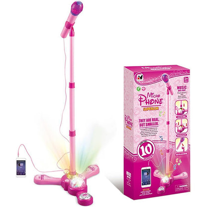 Little Pretender kids karaoke machine front view showing pink adjustable stand and dual microphones