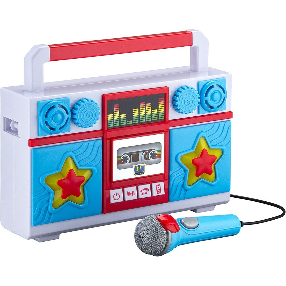 eKids Mother Goose Club Sing Along Boombox front view showing microphone and colorful buttons.