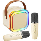 DynamiKsounds mini karaoke machine front view showing white speaker with glowing RGB LED lights and two wireless microphones