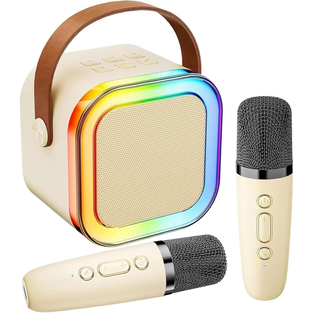 DynamiKsounds mini karaoke machine front view showing white speaker with glowing RGB LED lights and two wireless microphones