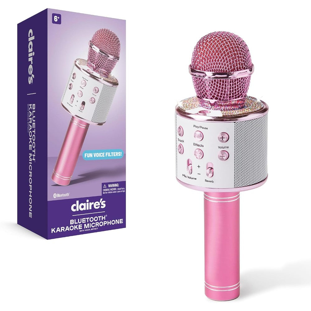 Claire's Bluetooth Karaoke Microphone for Kids front view showing integrated speaker and control buttons