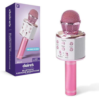 Claire's Bluetooth Karaoke Microphone for Kids front view showing integrated speaker and control buttons