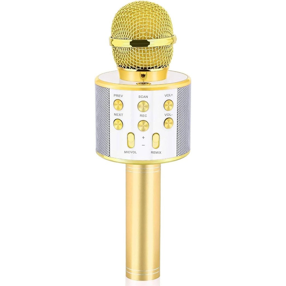 Dodosky handheld karaoke microphone gold front view showcasing speaker buttons
