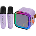 SYNCFUN mini karaoke machine front view showing the purple speaker with glowing RGB LED lights and two matching wireless microphones