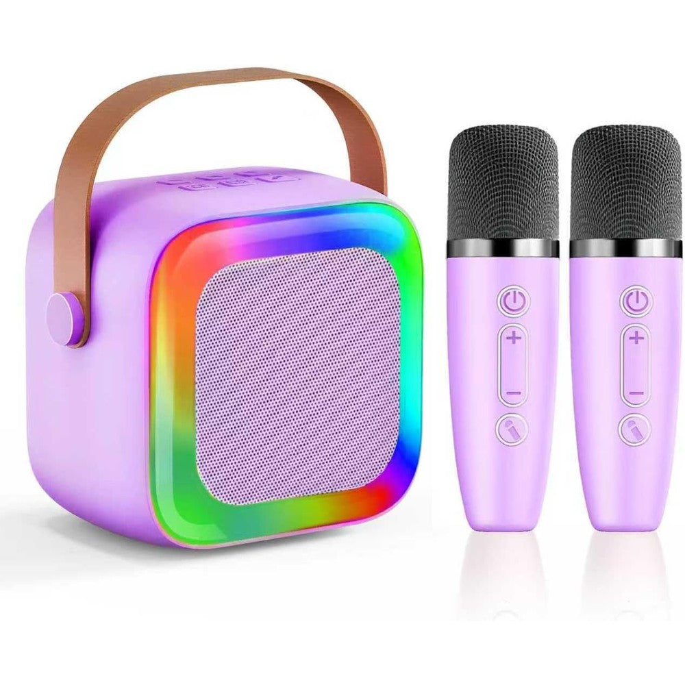 SECULEAD mini karaoke machine purple front view with speaker mesh and integrated handle