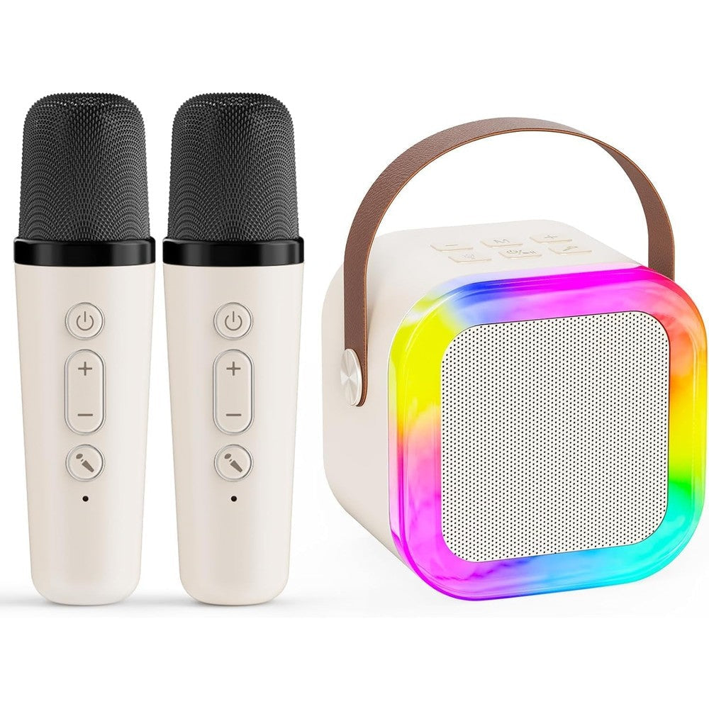 JJYEITUO mini portable karaoke machine front view showing beige speaker and two wireless microphones