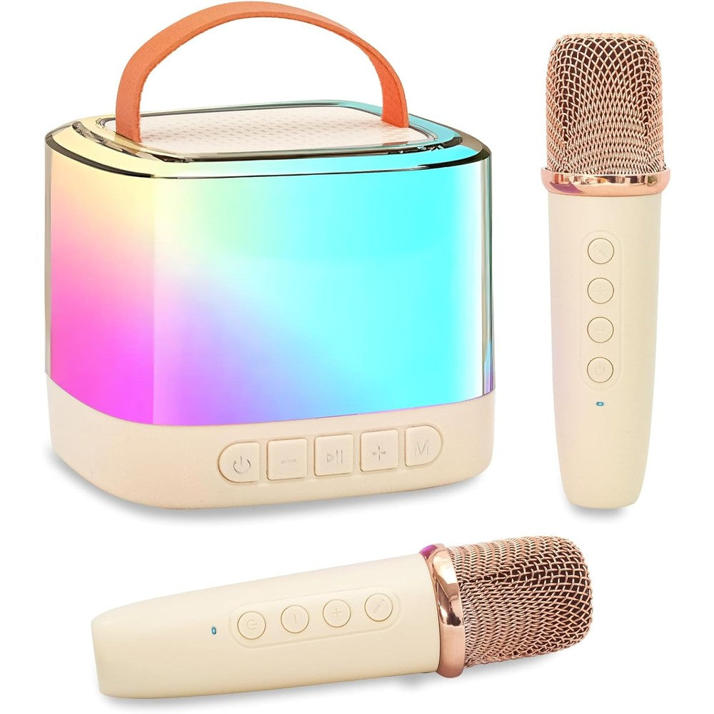 Xiwoa mini kids karaoke machine front view with glowing pink LED lights and dual microphones