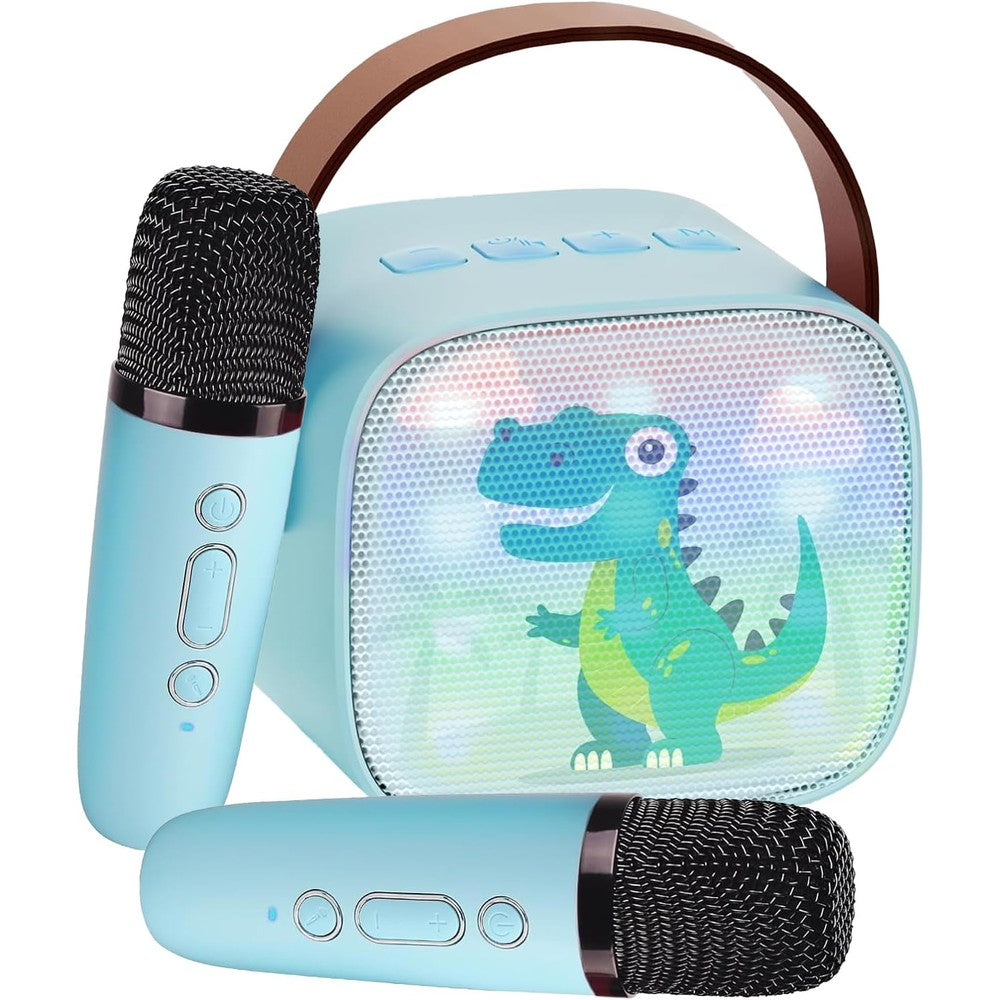 RelaxPad mini karaoke machine for kids front view showing blue dinosaur speaker and two wireless microphones.