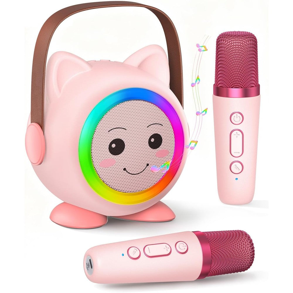 Aadmd mini karaoke machine front view showing pink cat-shaped speaker with glowing LED ring and two microphones