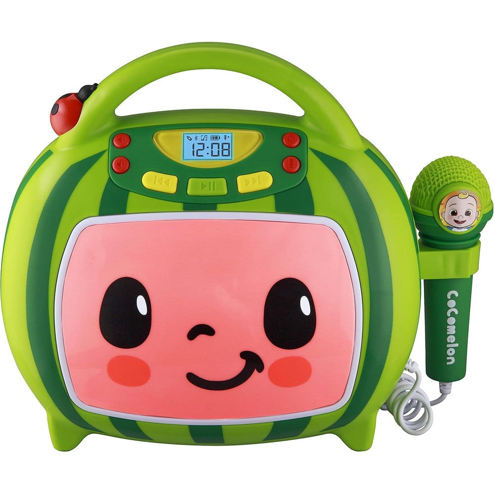 eKids Cocomelon karaoke machine front view showing watermelon speaker body and green handle.