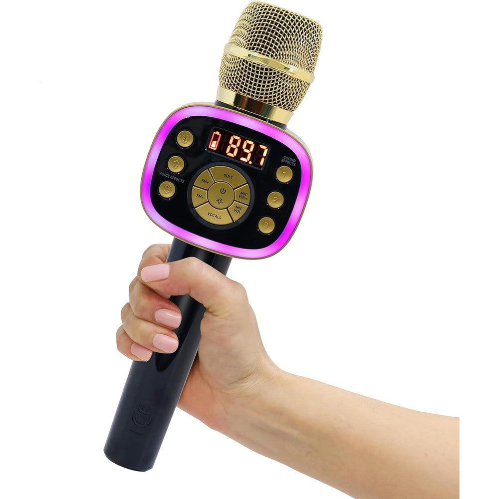 Singing Machine Carpool Karaoke Mic 2.0 front view showcasing the elegant gold and black wireless bluetooth design.