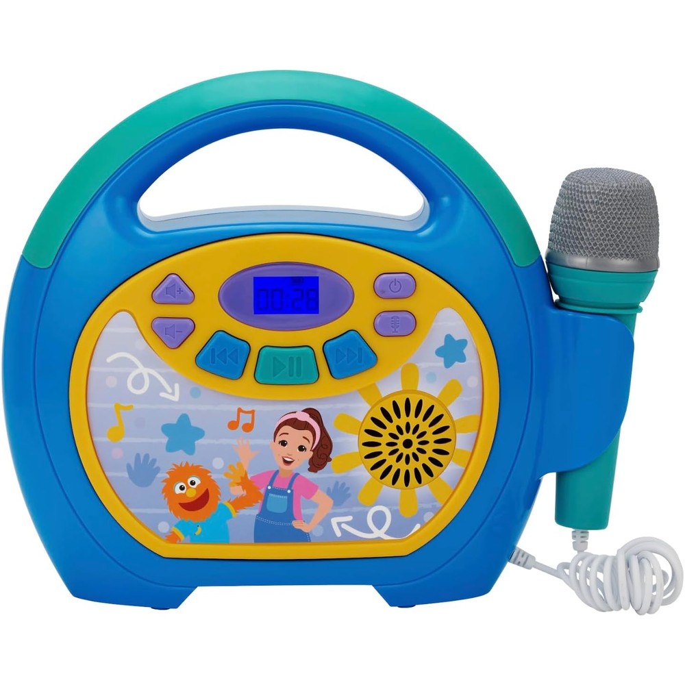 eKids Ms Rachel Kids Karaoke Machine front view showing the blue and green portable bluetooth speaker with wired microphone