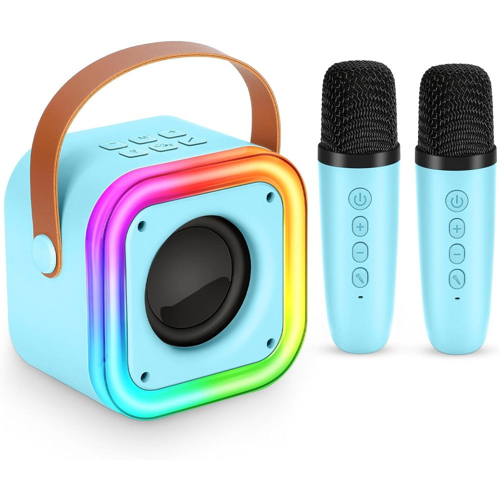 Poptrend mini karaoke machine for kids front view showing blue speaker and two wireless microphones