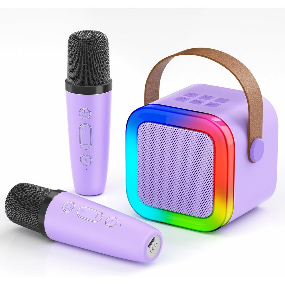 Bhavani K12 mini karaoke machine purple front view showing speaker grille and dual wireless microphones