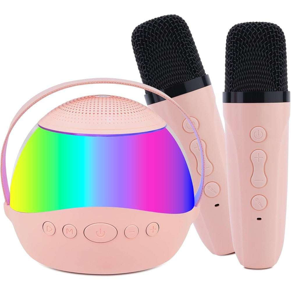 Lhlzms portable mini karaoke machine front view showing pink speaker with RGB LED lights and two matching wireless microphones