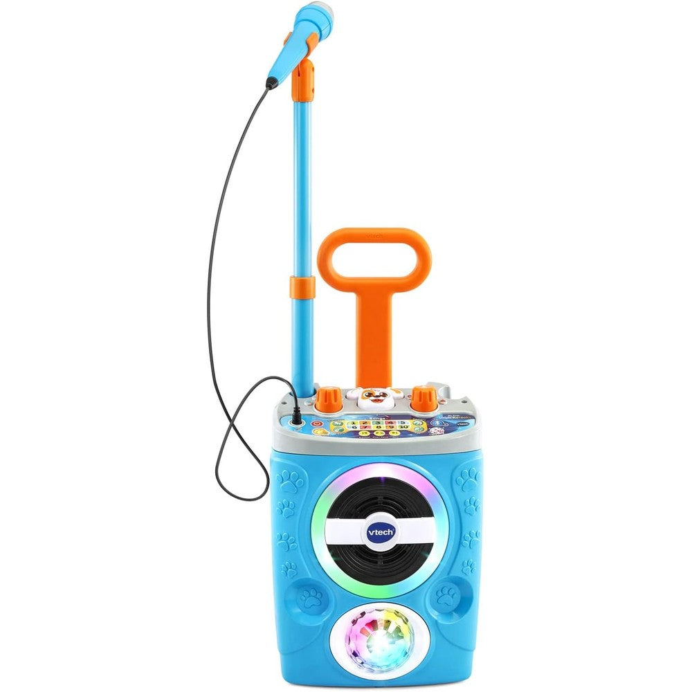 VTech Kidi Superstar Jr. Karaoke machine front view showing blue housing and microphone