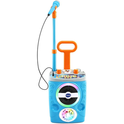 VTech Kidi Superstar Jr. Karaoke machine front view showing blue housing and microphone