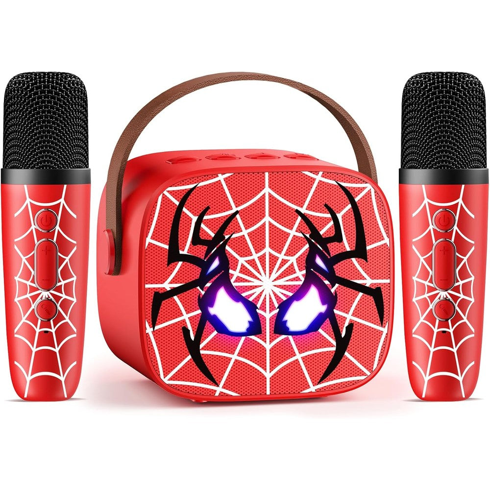 Instiwitt mini karaoke machine for kids front view showing the red spiderman themed bluetooth speaker and two wireless microphones.